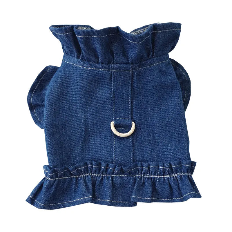 Blue denim dog dress with integrated harness and ruffled design for small to large pets