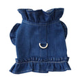 Blue denim dog dress with integrated harness and ruffled design for small to large pets