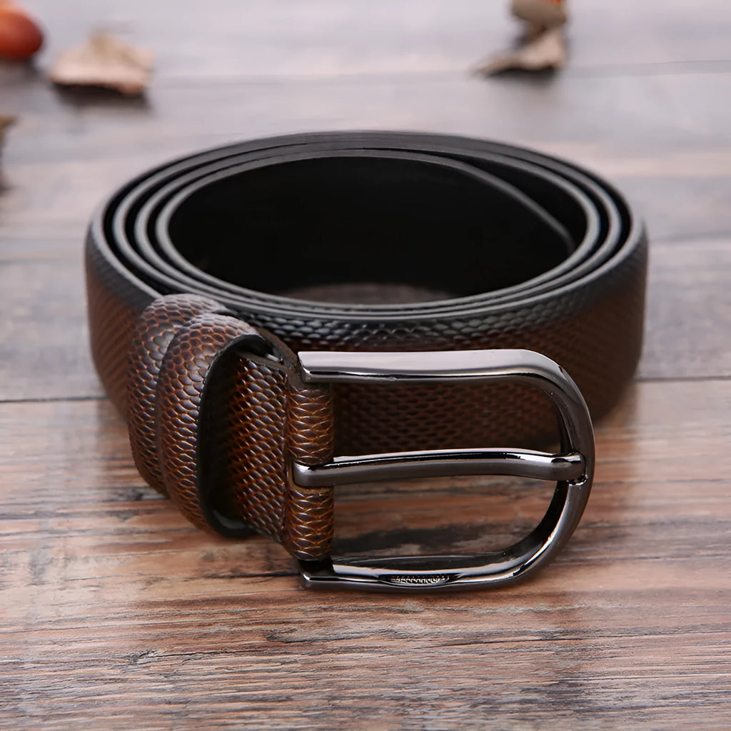 Men's business belt with alloy pin buckle and laser logo design in multiple colour options