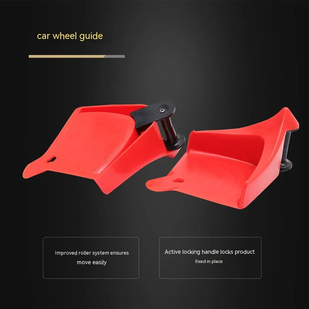 Set of four bright red plastic triangle parking blocks with a non-slip rubber surface.