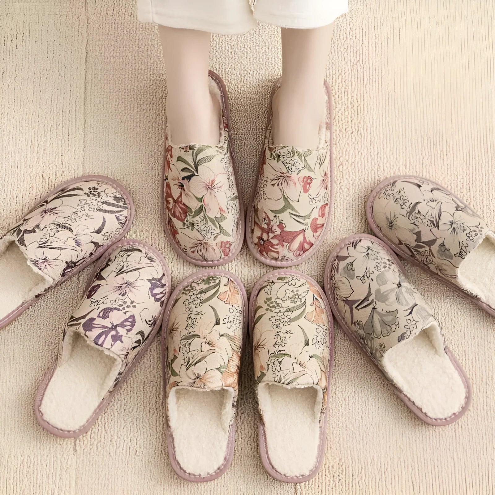 Cotton slippers with linen surface in floral patterns, showing PVC sole and colour options
