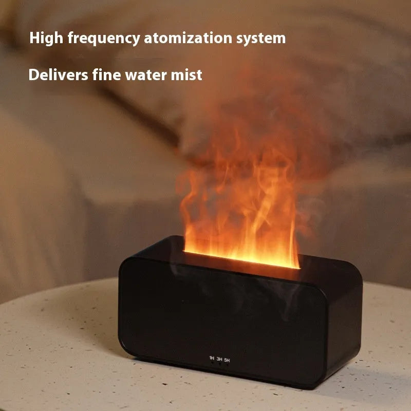 White USB aromatherapy diffuser with simulated flame and jellyfish smoke effect on wooden table