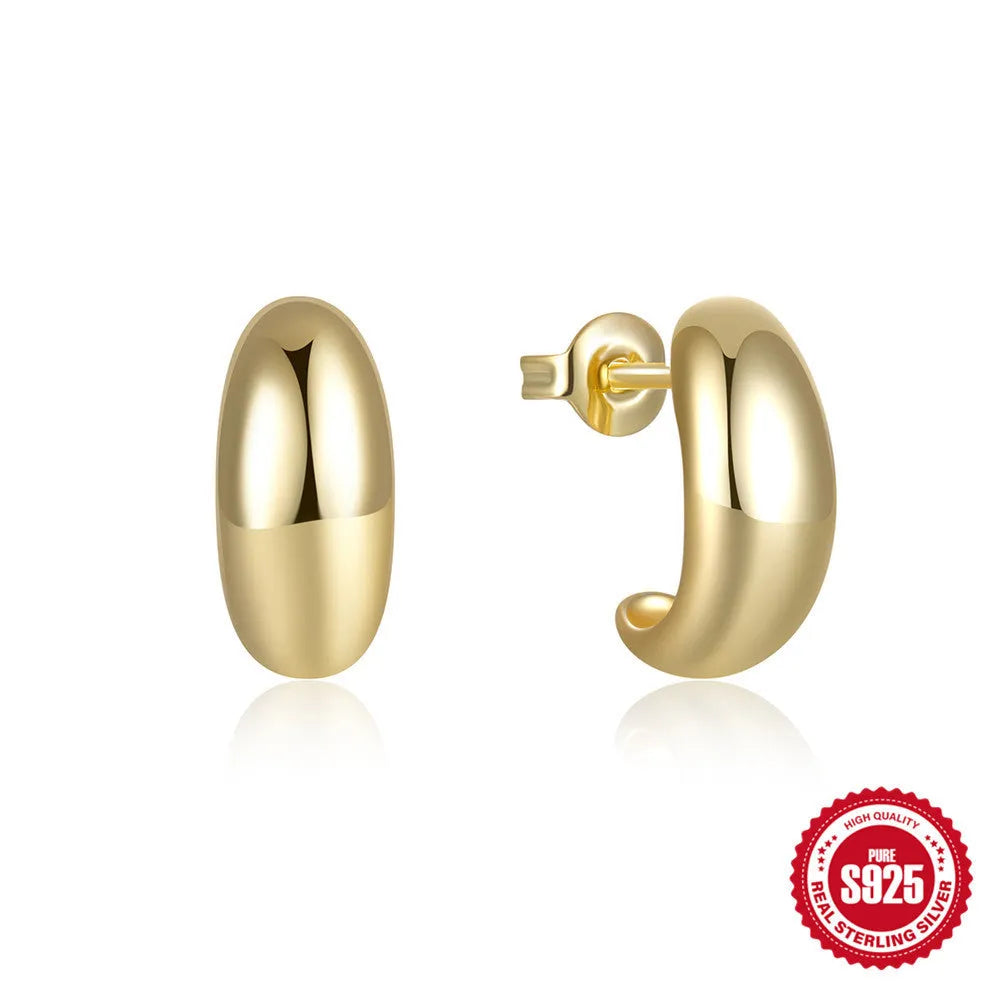 C-shaped sterling silver earrings with electroplated gold finish, 1.5 cm diameter, on a white background
