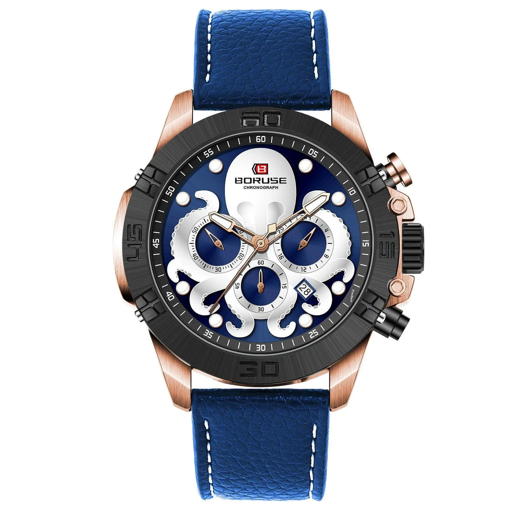 Men's waterproof quartz watch with octopus design and luminous feature in black or blue colour options