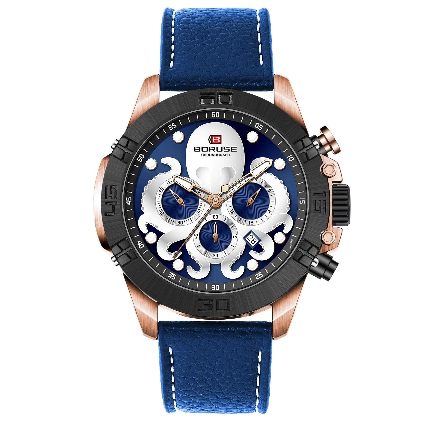Men's waterproof quartz watch with octopus design and luminous feature in black or blue colour options