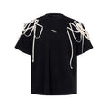 Black loose-fit T-shirt with padded shoulders, short sleeves and round neck collar on size chart
