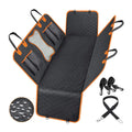Black and orange waterproof pet car seat cover made from 600D Oxford cloth, shown on rear car seats.