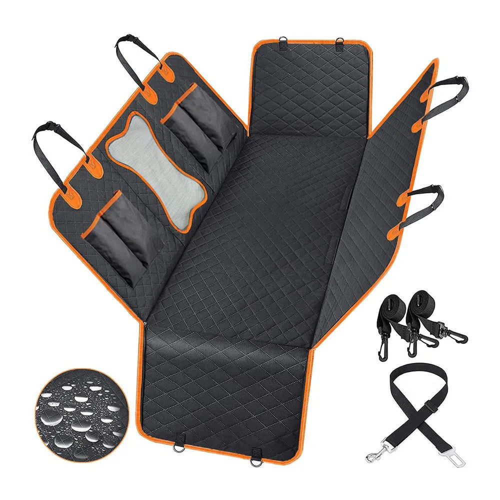 Black and orange waterproof pet car seat cover made from 600D Oxford cloth, shown on rear car seats.