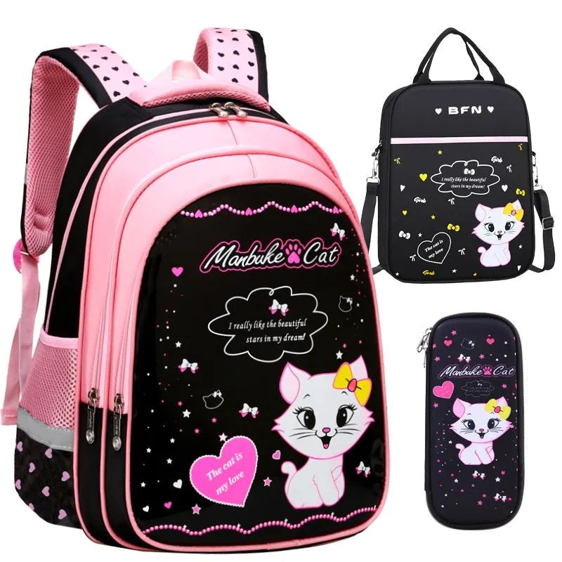 Kids school backpack with cute cat print, nylon, zipper, computer pocket, large and small sizes