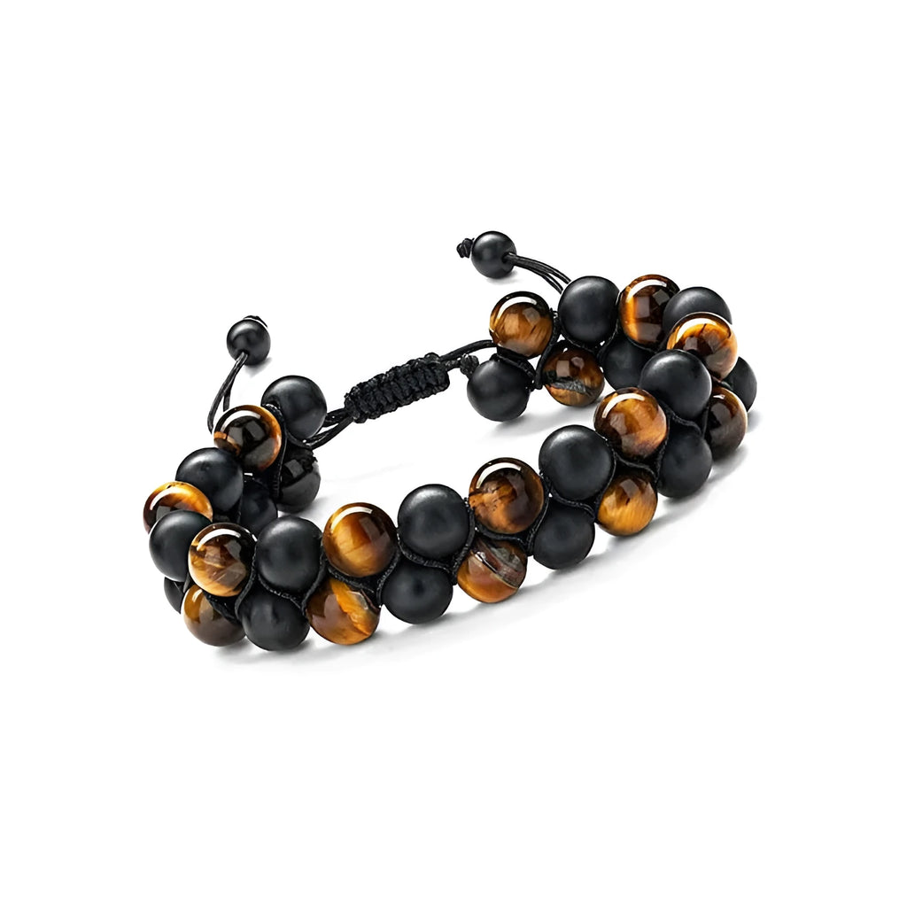 Men's handcrafted Tiger Eye double-row woven bracelet with geometric beads and magnetic closure
