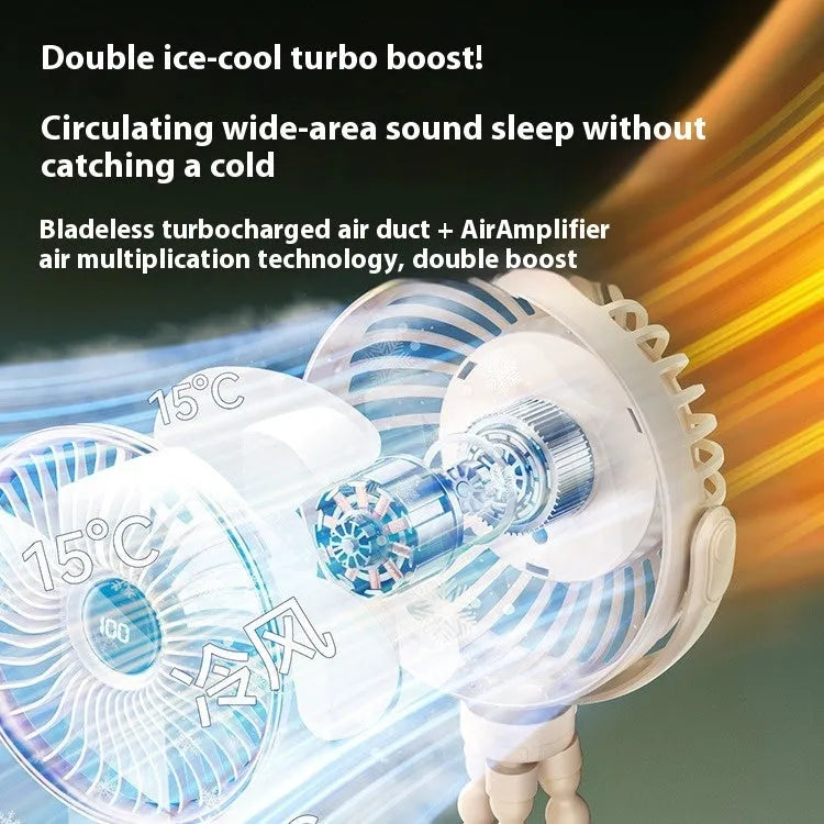 Clip-on portable stroller fan with rotating head attached to pram handle