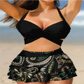 Women's purple bikini swimsuit with high-waisted briefs, backless design, lace-up top, and matching skirt for swimming.