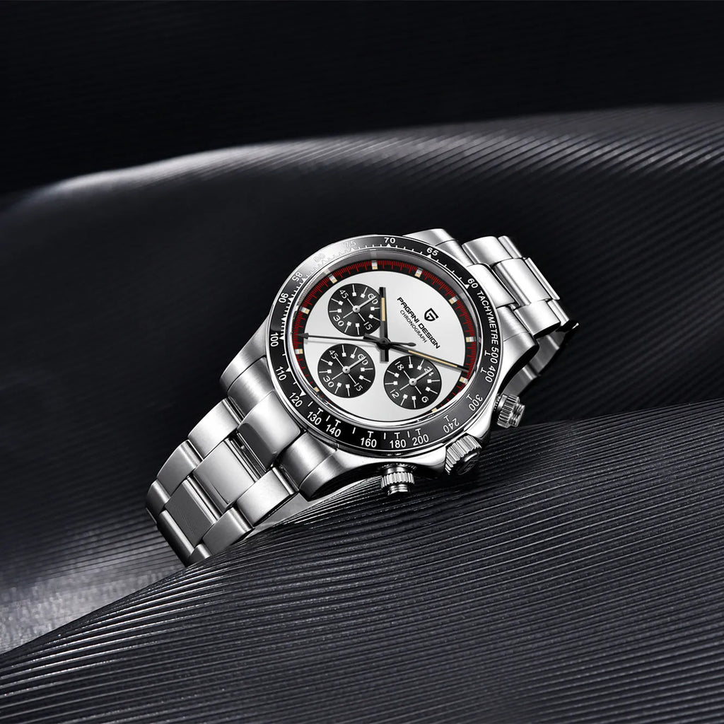 Berjani stainless steel men's chronograph watch with black dial and metal bracelet