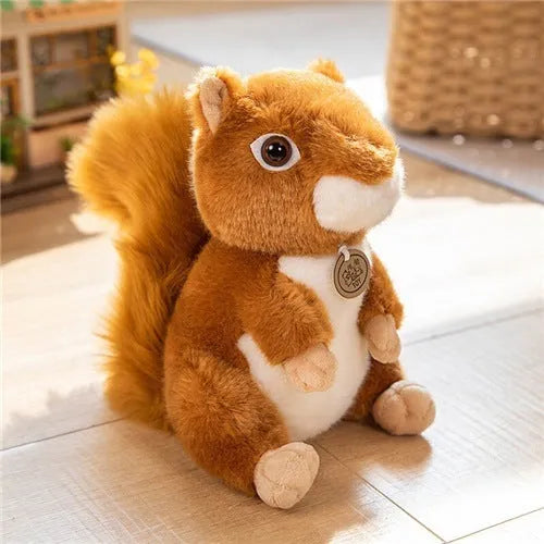 Standing simulation squirrel plush toy doll in red cloak, collar bell or hanging style, available in 17cm, 25cm and 30cm heights.