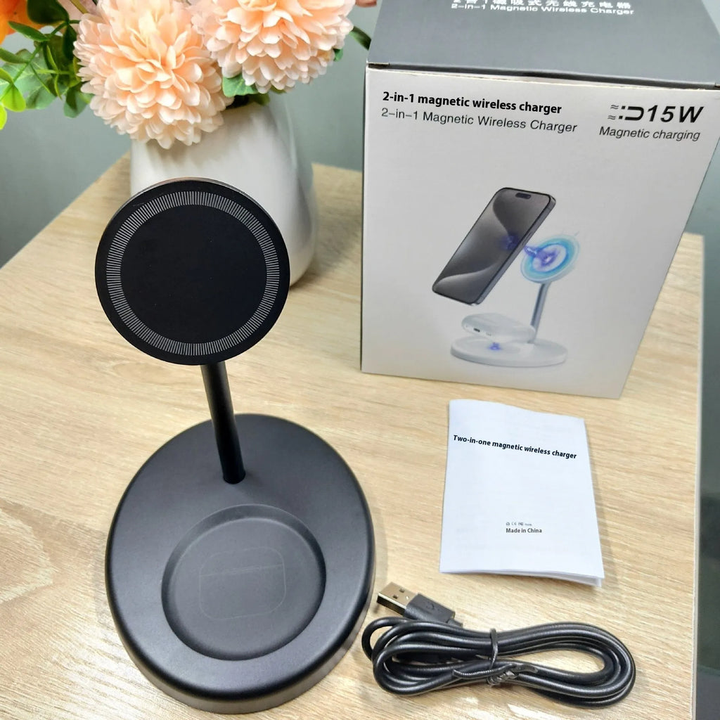 Vertical wireless charger with cooling holes showing smartphone charging in upright position