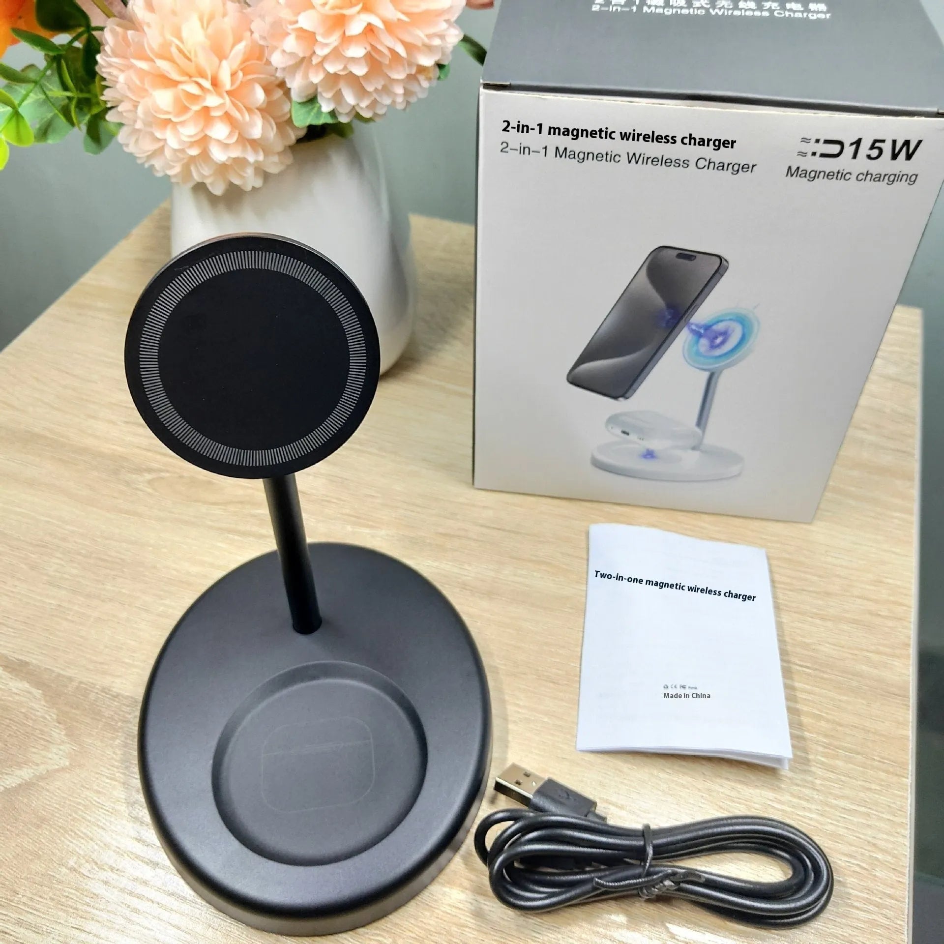 Vertical wireless charger with cooling holes showing smartphone charging in upright position
