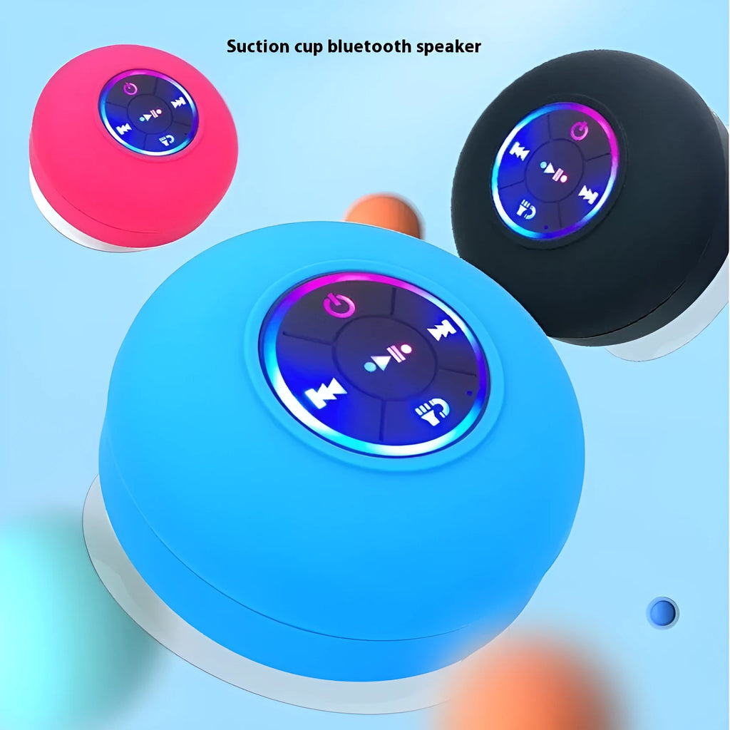 Large suction cup waterproof Bluetooth audio speaker with integrated lighting in multiple colour options