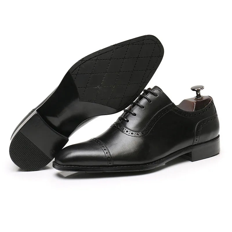 Men's Oxford brogue leather shoes with cowhide upper, rubber sole, black or dark brown, sizes 37-46