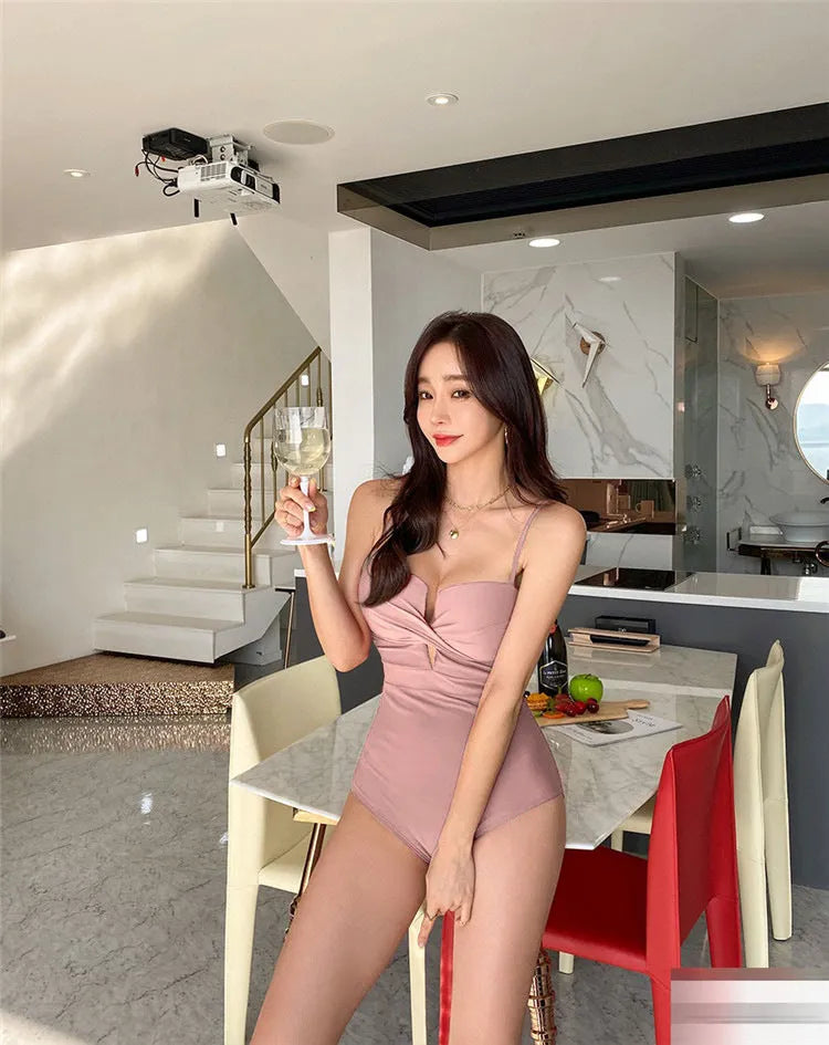 Ins Style women's solid colour one-piece swimsuit with push-up design and spaghetti straps