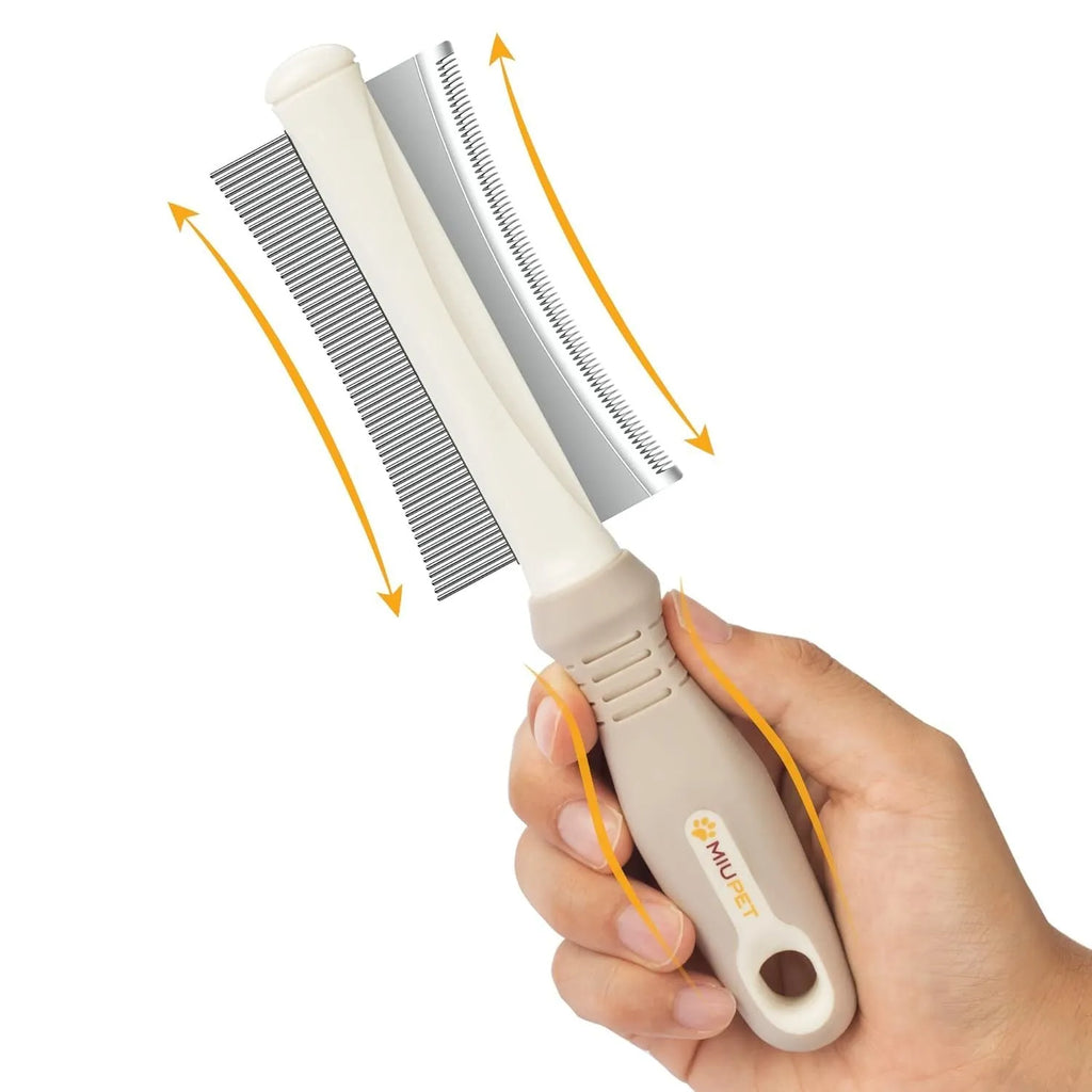 White 2 in 1 dog cat deshedding brush with curved comb design and anti-slip handle for pet grooming