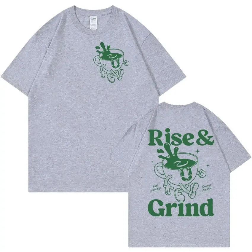 Rise And Grind Green Coffee cartoon graphic on a loose-fit linen t-shirt in multiple colours