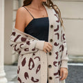 Women's apricot mid-length leopard print cardigan coat, loose fit, button front, long sleeves, 65cm length, polyester