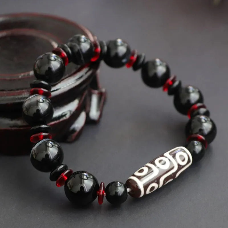 Hand-woven black agate dzi bead bracelet with 11mm geometry beads in national style design