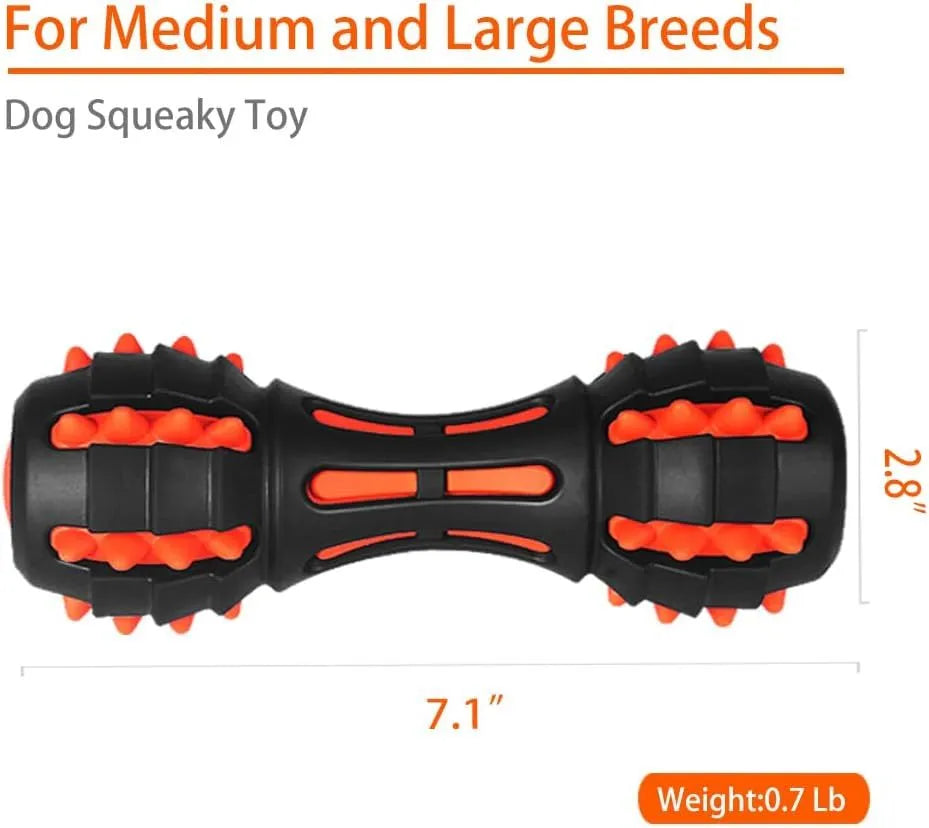 Red dumbbell-shaped dog toy with double-layer rubber construction for aggressive chewers, 175mm length