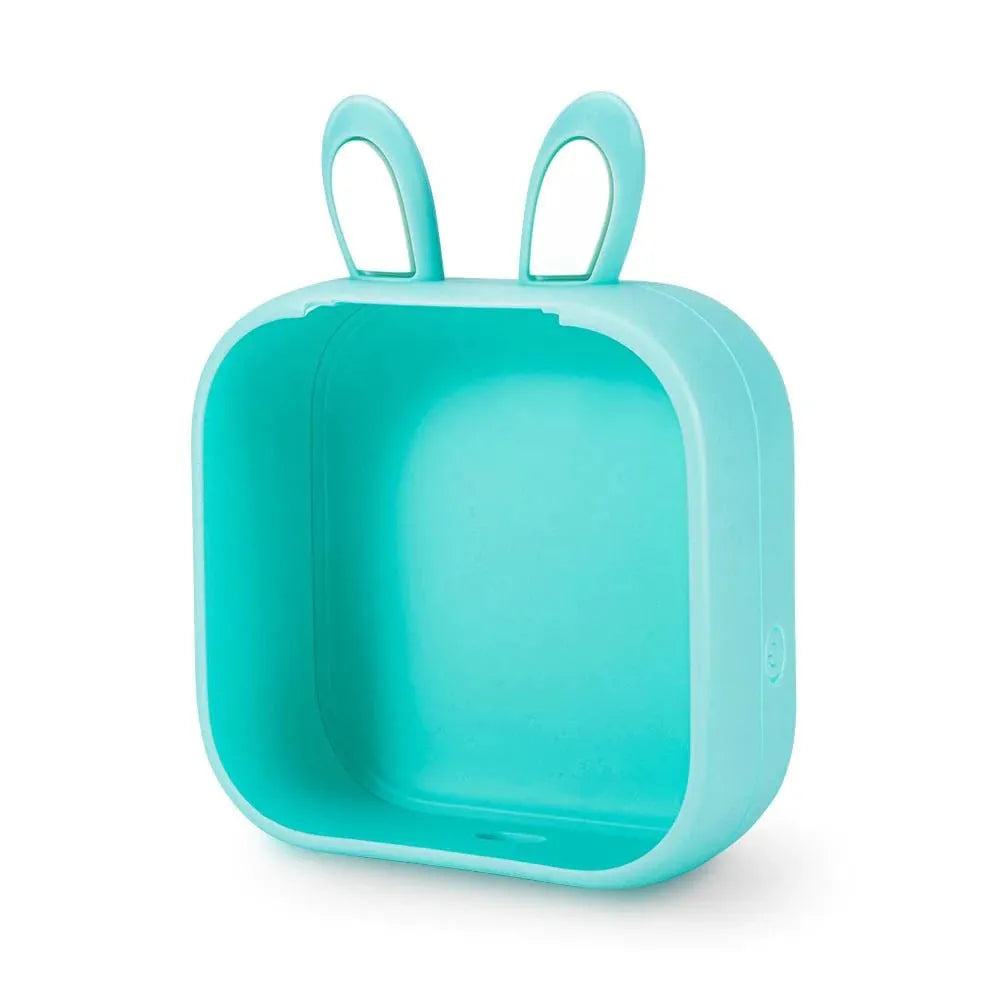 Mini thermal printer with rabbit ear protective case showing colour options including pink, green, white, blue, and yellow variants