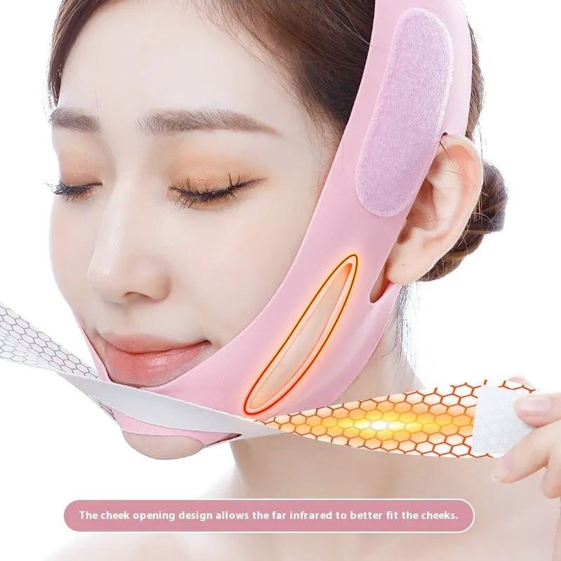 Adjustable elastic V face bandage for facial support in pink and black colours with far infrared option