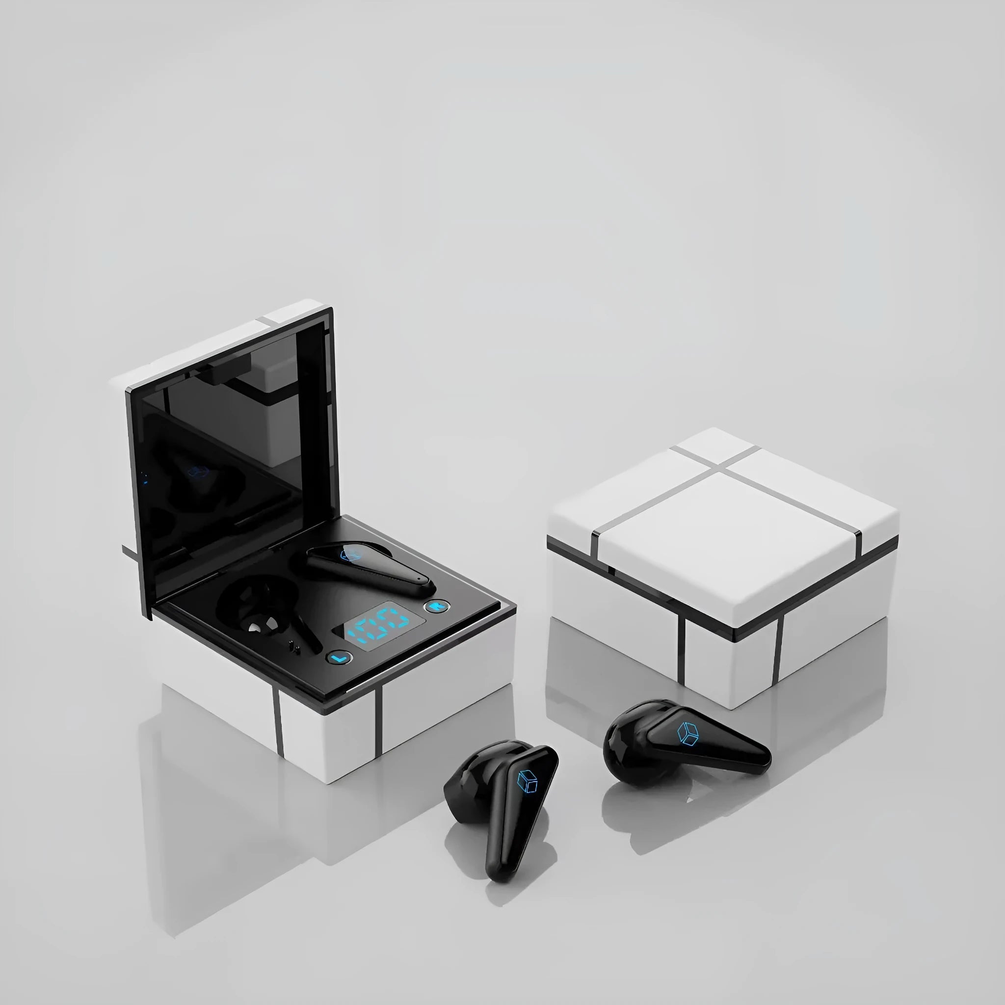 Wireless Bluetooth gaming headset with a small digital display on the earpiece, shown in multiple colour options.