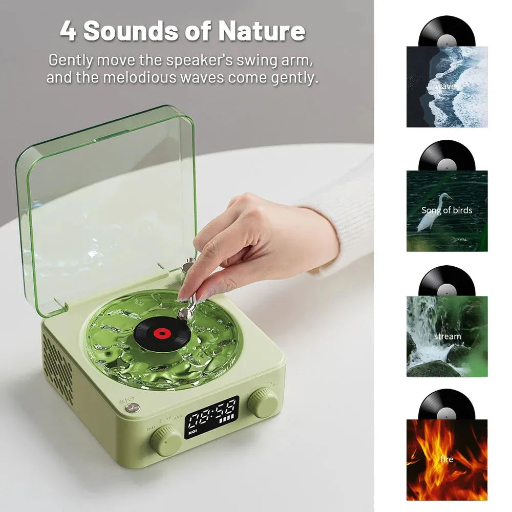 Retro-style Bluetooth speaker with rotating vinyl turntable and RGB coloured lighting effects