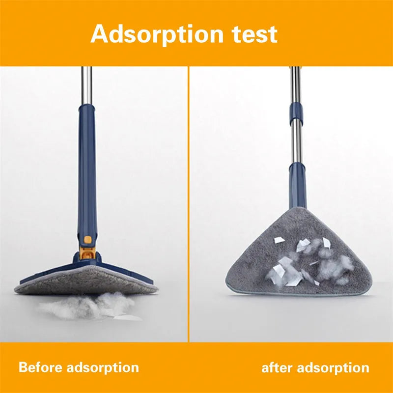 Extendable blue triangle mop with rotating head and stainless steel pole for floor and wall cleaning.