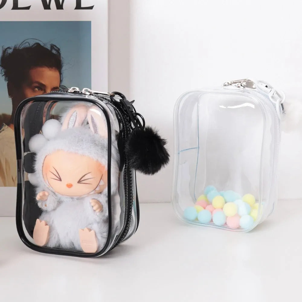 Set of three semi-transparent PVC bags in black, pink and white with customisable front panel.