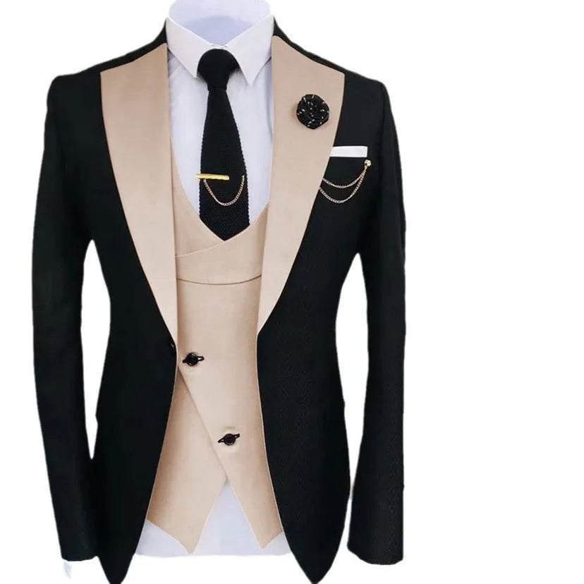 Men's slim fit three-piece business suit in cotton fabric with coat, vest, and trousers for formal occasions
