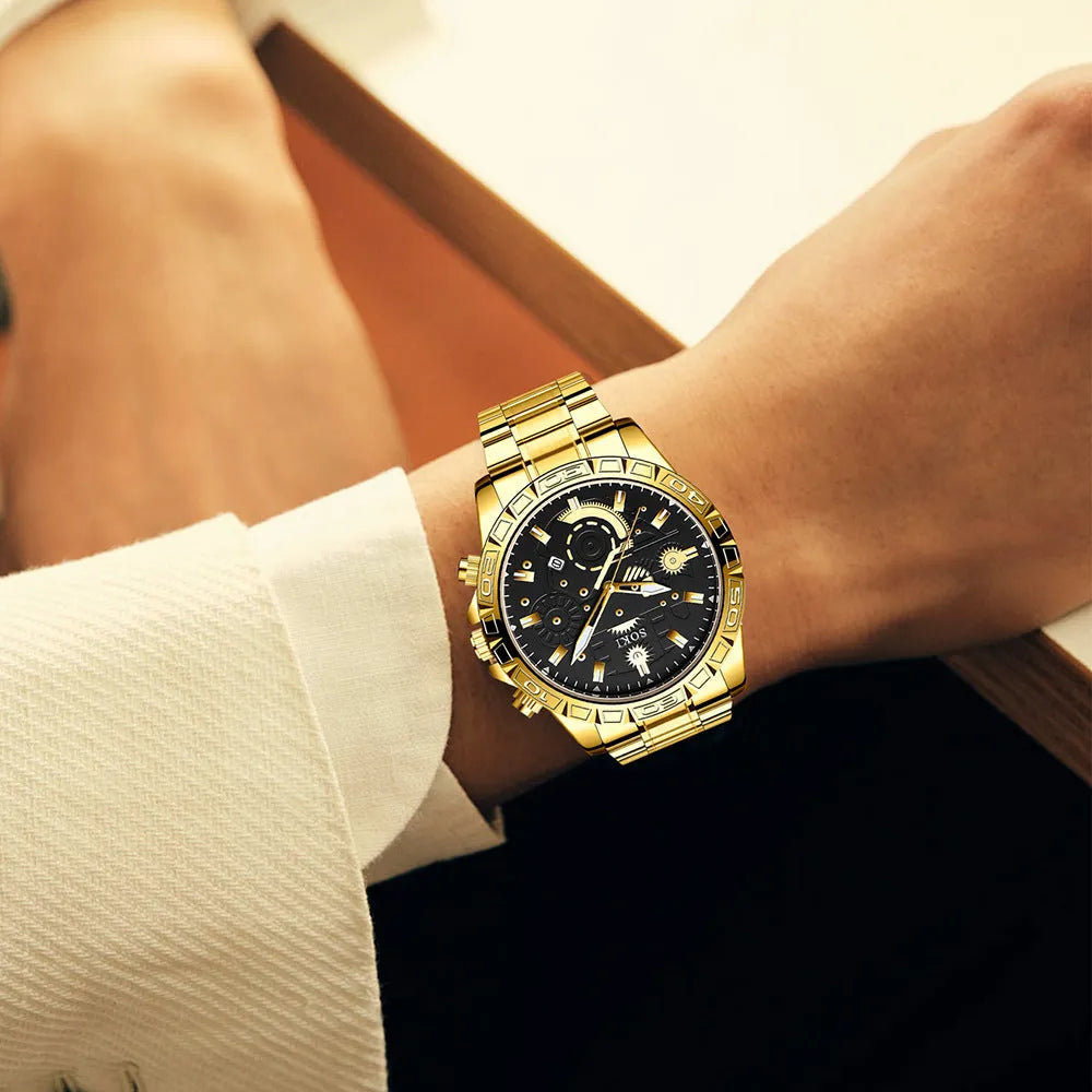Men's gold stainless steel business watch with calendar display and 10mm thickness