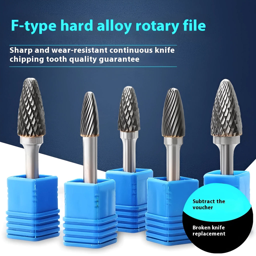 F-shaped tungsten steel rotary burr with alloy blade for grinding and engraving, single sink or double slot tooth shape