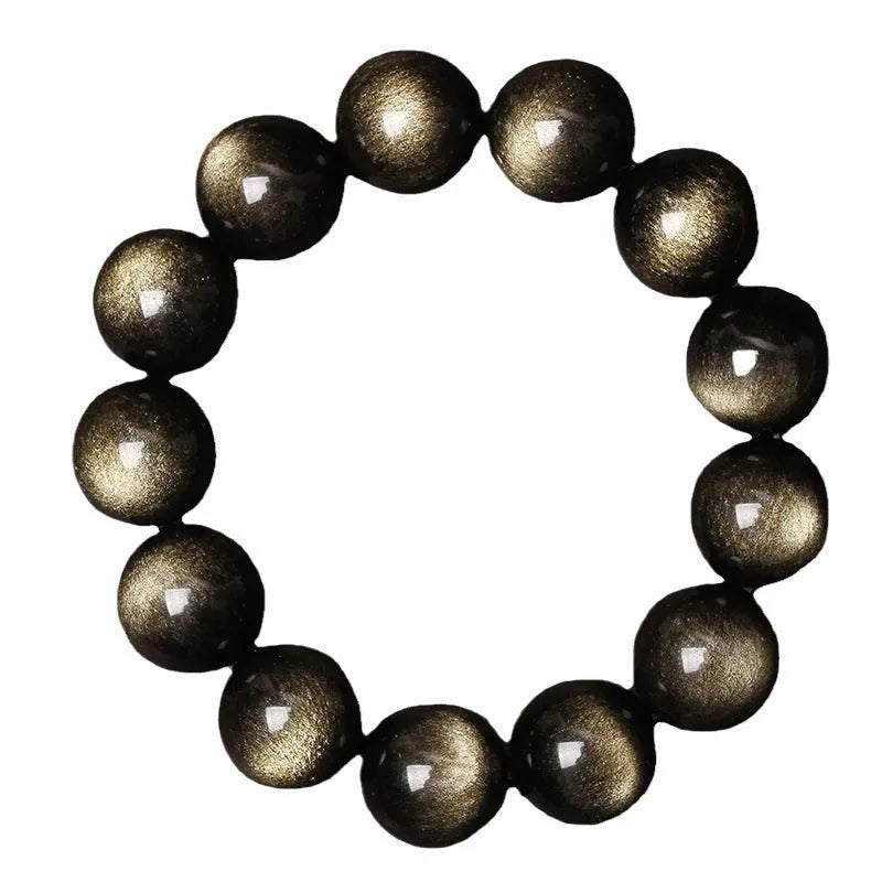 Hand-woven obsidian bracelet with round beads in adjustable sizes from 8mm to 16mm diameter, showing six colour options including black stone and rainbow eye obsidian.