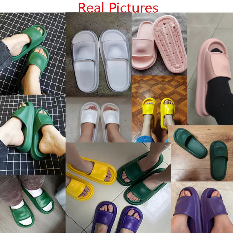 EVA flip-flop slippers with thick sole in multiple colours on a bathroom floor