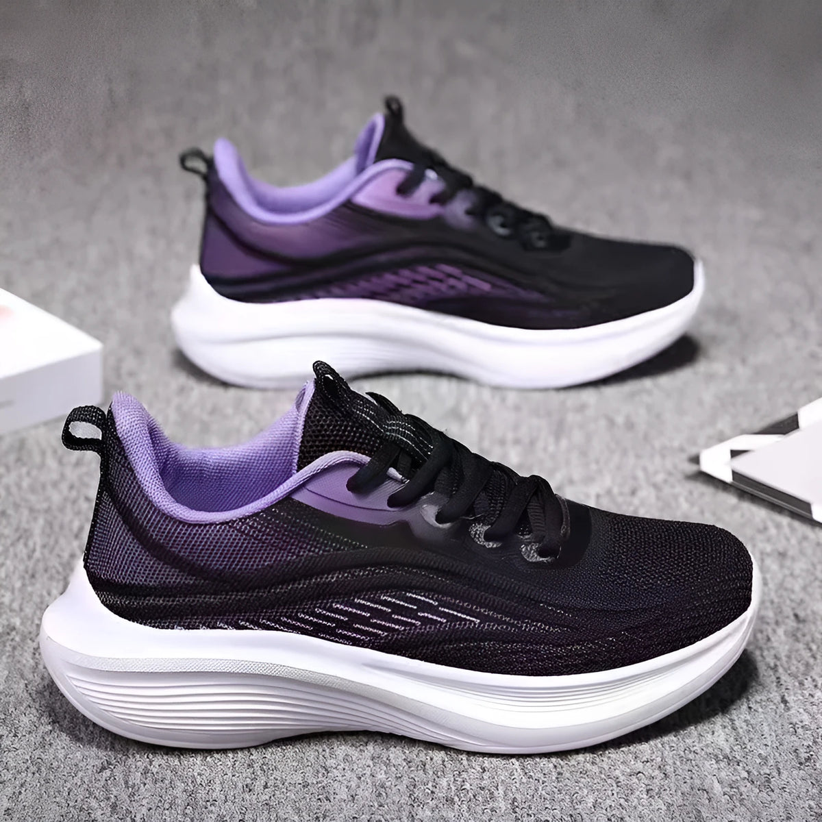 Lightweight mesh running shoes with PVC non-slip sole, flat heel, round toe, and front lace-up, in white green, light pink, or purple.