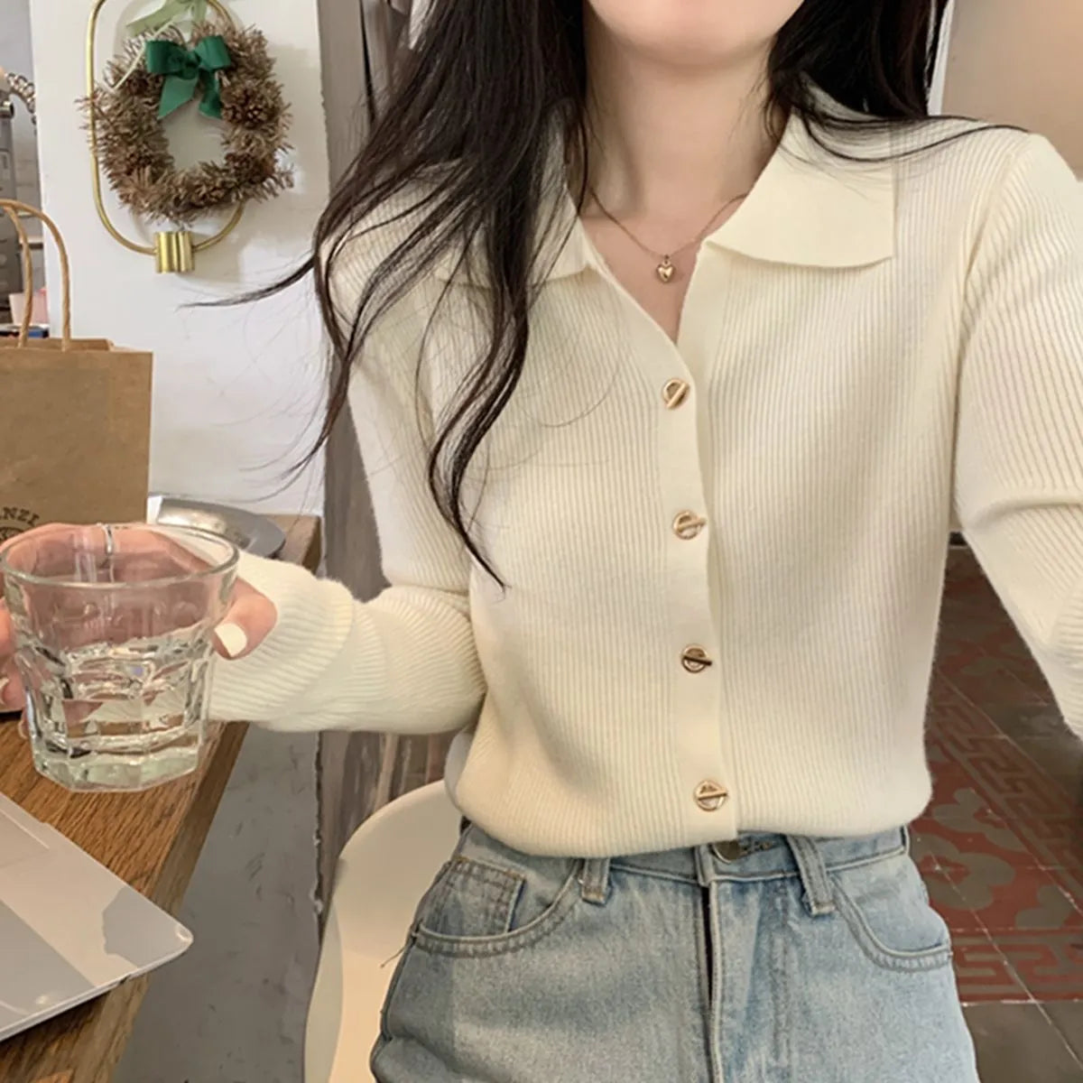 Long-sleeved viscose cardigan in loose fit showing oatmeal colour option with regular sleeves