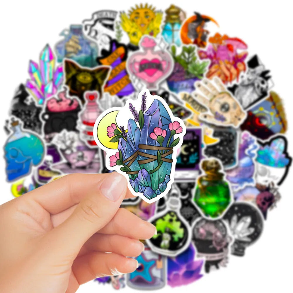 Set of 50 colourful waterproof PVC graffiti stickers for luggage and smooth surfaces, sizes 3-8cm.