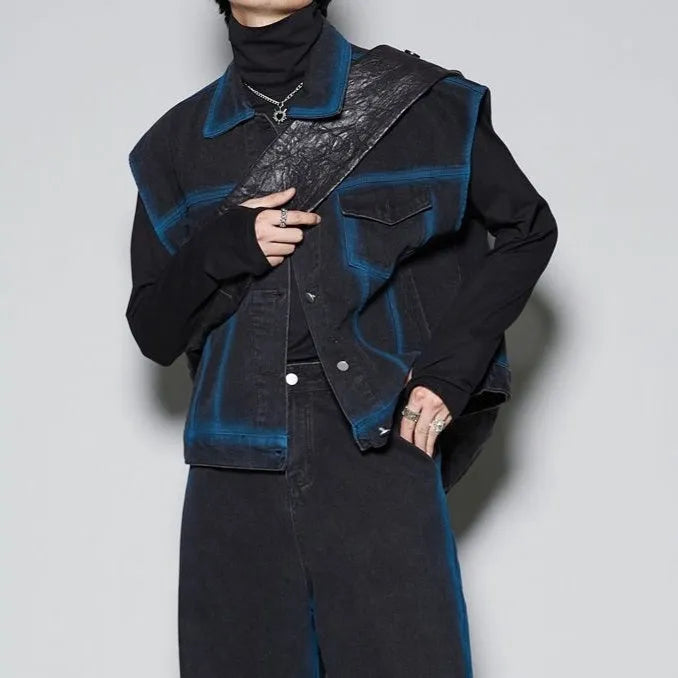 Spray colour gradient distressed vest and jeans set with fleece lining, in blue or black, showing sleeveless design and trousers.
