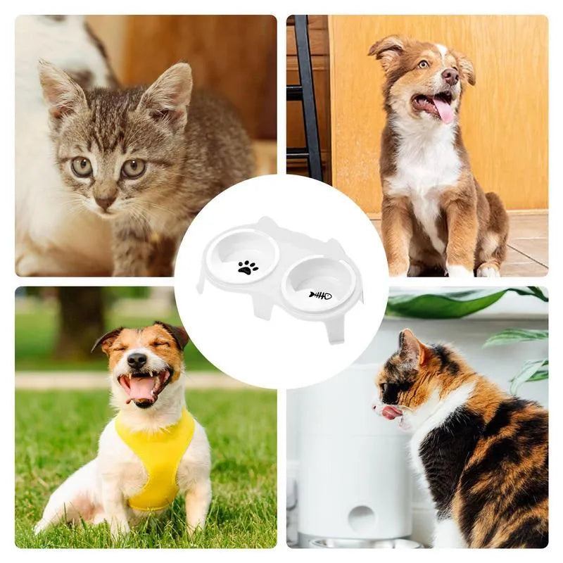 Ceramic cat food and water bowl set on elevated plastic stand with hook