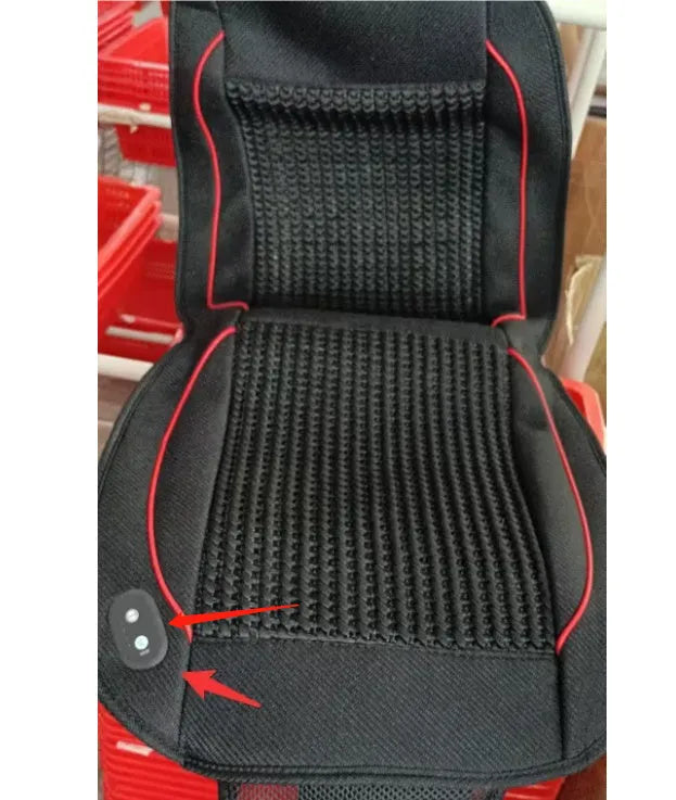 60x60cm car ventilation seat cushion in black colour with power cord connected to 12V outlet