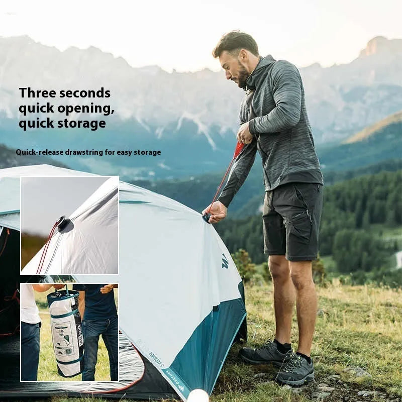 Blue and white two-person camping tent with rainfly, FRP poles, and 200x190x121cm expanded size