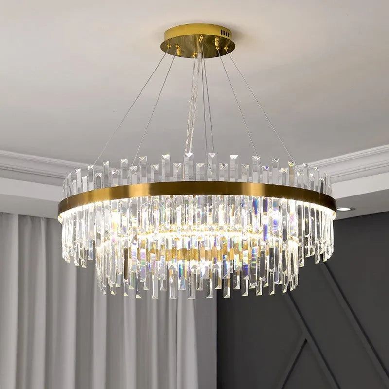 Stainless steel crystal chandelier ceiling light with adjustable height and three-colour LED lighting