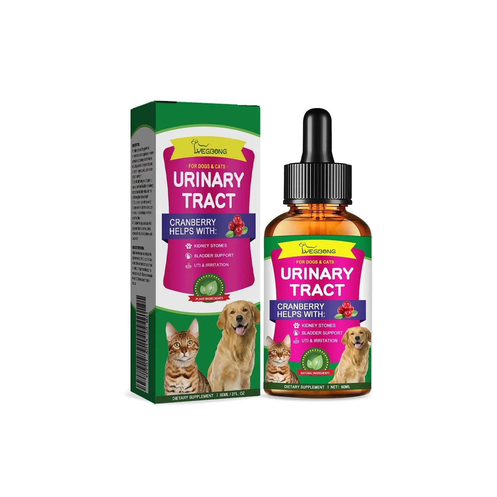 60ml pet pain relief drops bottle with natural herbal ingredients including cranberry and echinacea extracts