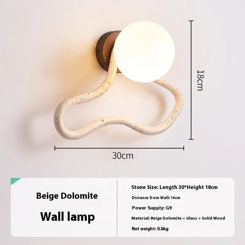 Middle Ancient style wall lamp with white travertine glass shade and solid wood base.