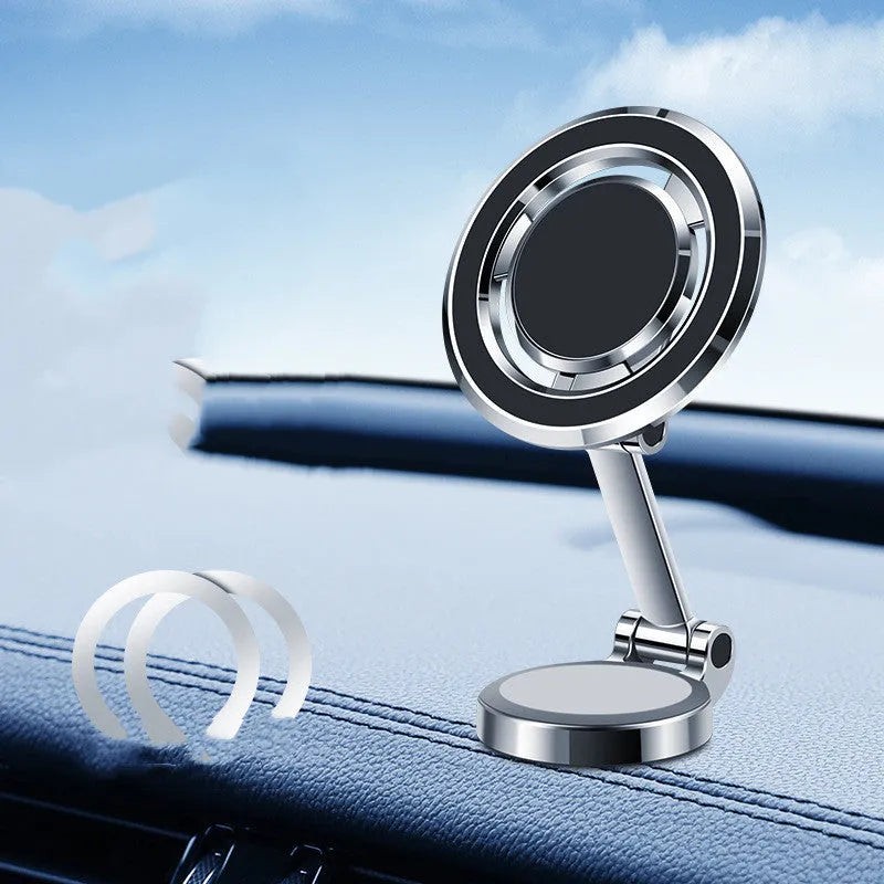 Mobile phone holder with flexible clip and 360-degree rotation bracket mounted on a car instrument panel in obsidian black.
